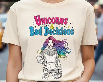 Sassy Girl Unicorns Bad Decisions PNG, T-shirtdesign (digital nedladdning)