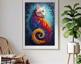 Nyckfullt blommigt kattkonsttryck, färgglad kattdekor (digital nedladdning)
