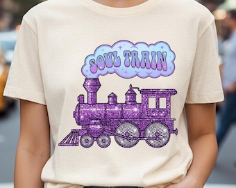 Soul Train PNG, Disco Sublimation Design, Retro 70s Party Shirt, Purple Glitter Steam Engine, Groovy Music Art, Disco Ball Wheels, DTF