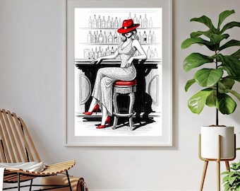 Konsttryck med kvinna i röd hatt, retro Speakeasy-illustration (digital nedladdning)