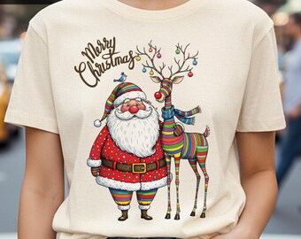 Whimsical Santa and Reindeer PNG, Christmas Clipart (Digital Download)