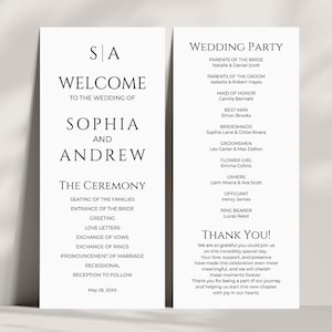 May include: A wedding program with black text on a white background. The program includes the names Sophia and Andrew, the ceremony details, and the wedding party. The text "Thank You!" is also visible.