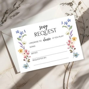 Modèle de toile de carte de demande de chanson de mariage de fleurs sauvages, carte de demande DJ florale aquarelle modifiable, téléchargement numérique instantané moderne et bohème