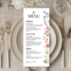 Wildflower Wedding Menu Card Canva Template, 4x9 Editable Watercolor Floral Dinner Menu, Digital Instant Download Modern Boho Table Decor