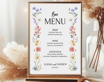 Wildflower bruiloft bar menusjabloon, boho bewerkbaar drankje menubord, aquarel bloemen barbord, moderne afdrukbare bruiloft, instant download