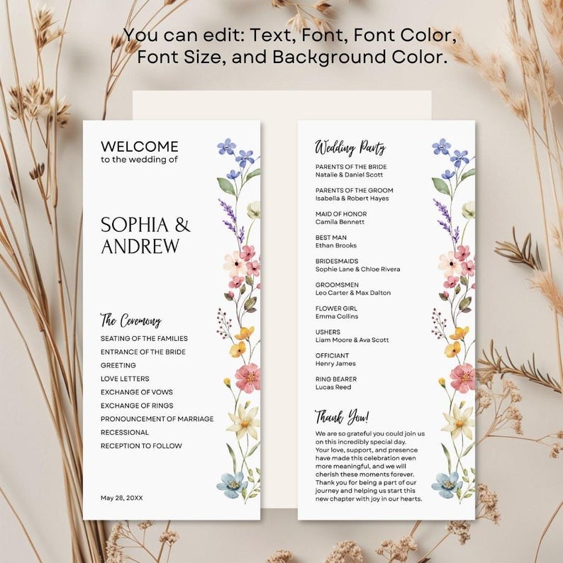 Wildflower Wedding Program Template, Boho Editable Wedding Ceremony ...