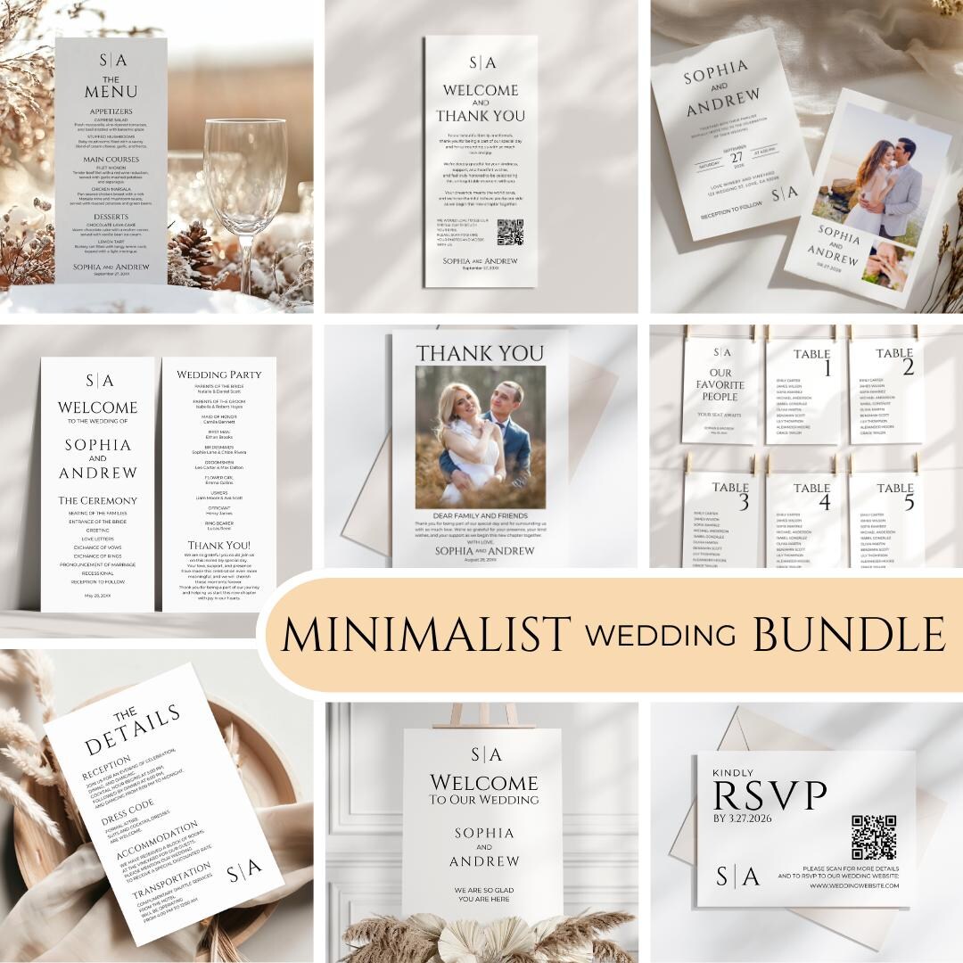 Invitation Essentials Minimalist Wedding Invitation Bundle, Modern Monogram Printable ...
