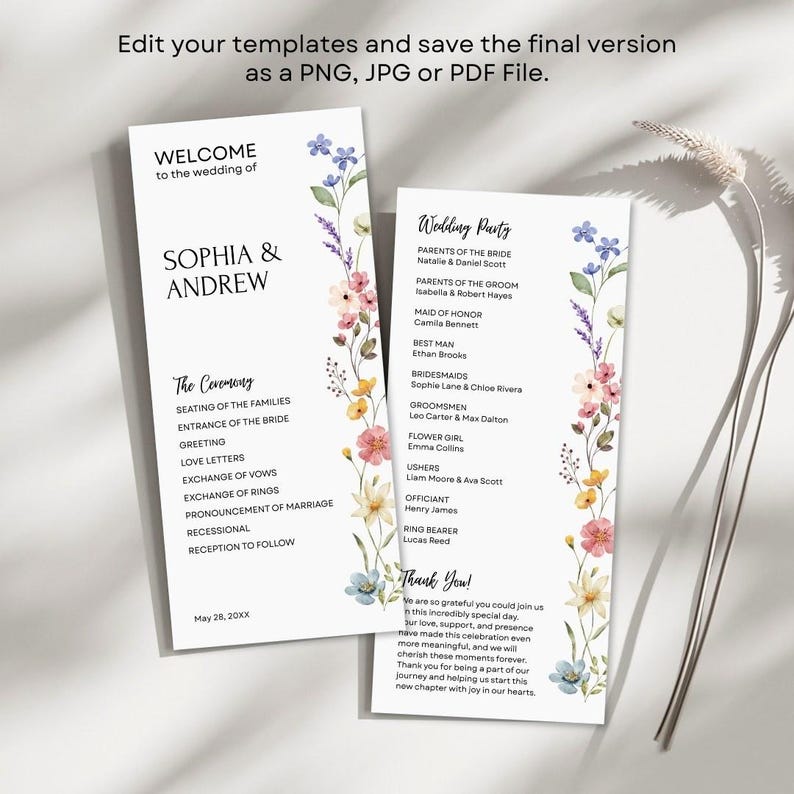 Wildflower Wedding Program Template, Boho Editable Wedding Ceremony ...