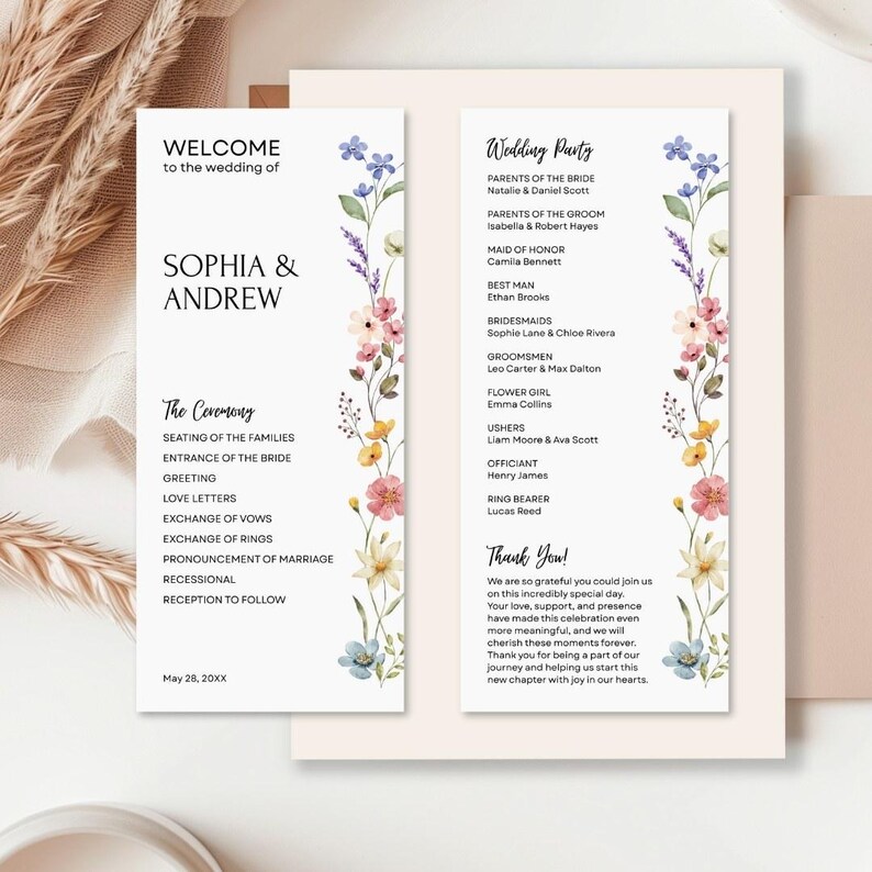 Wildflower Wedding Program Template, Boho Editable Wedding Ceremony ...