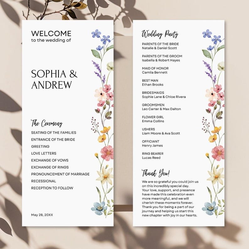 Wildflower Wedding Program Template, Boho Editable Wedding Ceremony ...
