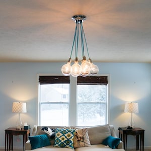 Living Room Chandelier - Custom Colors and Lengths 9 Hanging Pendants Ceiling Fixture - Turquoise Aqua Blue Nickel Chrome - Design your own