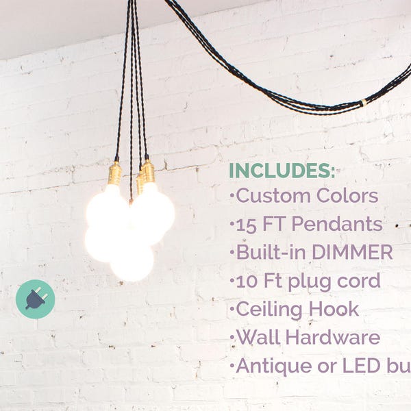 Plug in Dimming Chandelier -Choose 3, 5, 7 Pendant Lights - Dimmer Switch - Hanging Pendant Lamps Plug in swag light hook Custom Colors