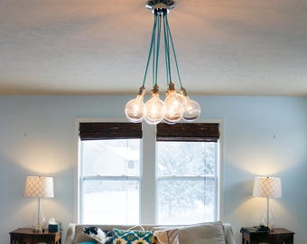 Living Room Chandelier - Custom Colors and Lengths 9 Hanging Pendants Ceiling Fixture - Turquoise Aqua Blue Nickel Chrome - Design your own