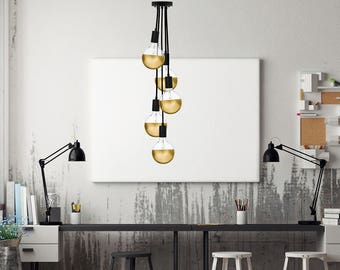 5 Pendant Light Cluster - Brass and Black Glass Globe Custom Colors - Gold Dipped LED Multi Pendant Ceiling Fixture Industrial Lighting