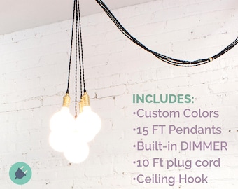 Plug in Dimming Chandelier -Choose 3, 5, 7 Pendant Lights - Dimmer Switch - Hanging Pendant Lamps Plug in swag light hook Custom Colors