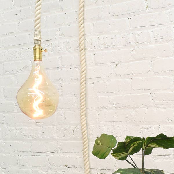 White Cotton Rope Pendant Lighting - Custom made any lengths - Plug or Hardwired Ceiling light - Hanging Macrame Braided Brass Lamp