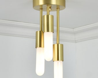 Brass Ceiling Light Triple Flush Mount - Three Bulb Ceiling Mount light  - Industrial Modern Ceiling Fixture - 3 Bulb Semi Flush Light