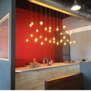 Long Bar Commercial Lighting Restaurant Custom Colors and Sizes UL Listed Wood Pendant Chandelier with 17 Pendants LED Edison Bulbs