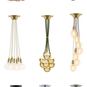 May include: A set of 10 pendant lights with different colored cords and bulbs. The lights are arranged in a grid pattern, with each light having a different color cord and bulb. The cords are copper, black, green, gold, and silver. The bulbs are clear glass with a filament visible inside.