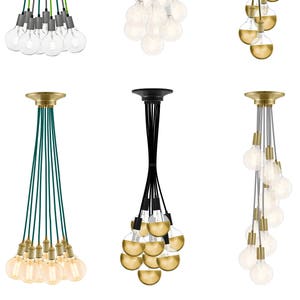 May include: A collection of modern pendant lights with multiple bulbs. Each light features a canopy and a cluster of bulbs suspended by cords. The lights come in various colors, including silver, black, gold, and green, with clear and gold-toned bulbs.