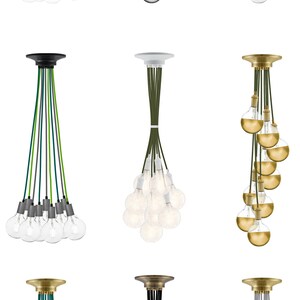 May include: A set of 12 pendant lights with different coloured cords and bulb styles. The cords are available in black, white, silver, green, and gold. The bulbs are available in clear glass, frosted glass, and gold-toned glass.