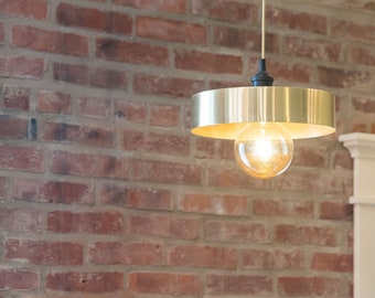 Custom 12" Drum Shade Industrial Pendant Light - Industrial Modern Unique LED Lighting - Round Brass Shade