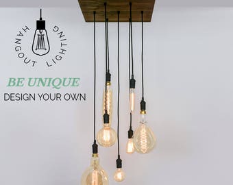 Custom 7 Pendant Wood Chandelier Edison Bulb Industrial Pendant light Square chandelier wood - Hangout Lighting