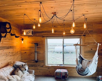 Rustic Wood Chandelier - Custom Wood Finishes - LED Edison Loft Cabin Lighting - Warm Ceiling Lamps