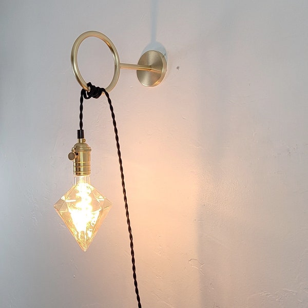 Loop Hook Plug in wall sconce - Brass or Black with custom colors - Bedside Lighting - Bedroom Lamp - Hanging Circle Wall Bracket Pendant