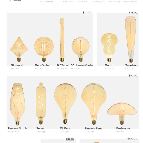 XL Oversized Bulbs - LED Edison Filament E26 Modern Glass Lamp Bulbs - 4W LED - Amber Tint Glass 2200K - Big Huge Large Bulbs. Globe Pear