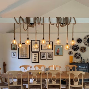 Thick Rope Pendant Chandelier - Custom Lengths - White cotton or natural brown manila rope - Industrial loft chandelier - Beam Wrap