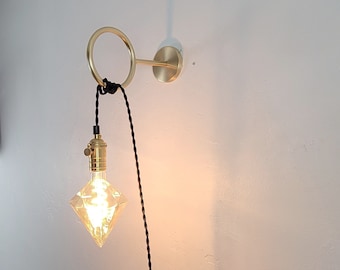 Loop Hook Plug in wall sconce - Brass or Black with custom colors - Bedside Lighting - Bedroom Lamp - Hanging Circle Wall Bracket Pendant