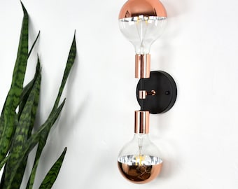 LED Custom Two Light Wall Lamp - Vanity Light Fixture - Black Rose Gold or Custom Finish - LED Copper Dipped Globe Bulbs