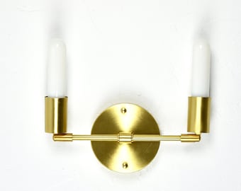 Double Adjustable Arm Wall Sconce - Brass with milk white or Custom Finish - Bedroom Lighting