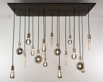 New Smoke Tint Modern Wood Chandelier - 17 Pendant Lights Wood Industrial Modern Lighting Grey Tint LED Bulbs Dining Chandelier