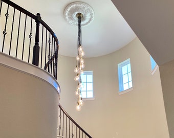 Long Chandelier Foyer Lighting with 19 pendants - High Ceiling Chandelier - Cascading glass globes - Dimmable LED