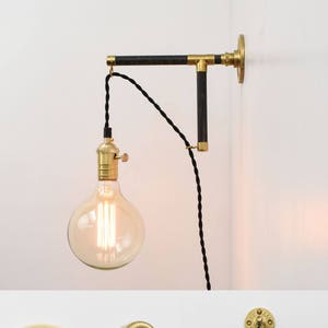 Plug in Wall Hook Sconce Pendant Light Modern Wood Industrial Pipe Custom Made Brass Black Plug wall light with switch edison bulb image 1