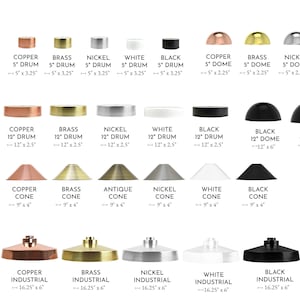 Puede incluir: Un gráfico que muestra diferentes opciones de pantallas metálicas para lámparas. El gráfico incluye varias formas, tamaños y colores, incluyendo cobre, latón, níquel, blanco y negro. Las pantallas están etiquetadas con sus dimensiones en pulgadas.