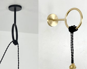 Large Loop Hook 5" x 9.5" - Brass Hook or Black Hook - Large loop ring circle pendant bracket - Wall Hook or Ceiling Hook