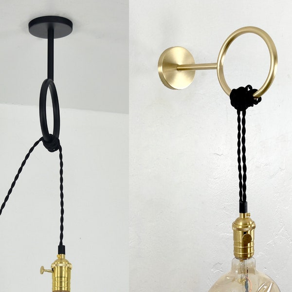 Large Loop Hook 5" x 9.5" - Brass Hook or Black Hook - Large loop ring circle pendant bracket - Wall Hook or Ceiling Hook