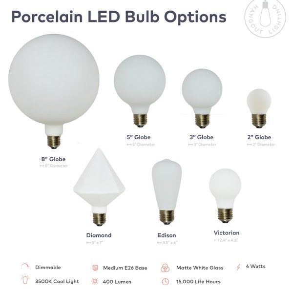 NEW Porcelain Matte White LED Bulbs - Modern Lighting - Dimmable - 4W E26 - G200 G125 G80 G40 G25 A19 - 120V