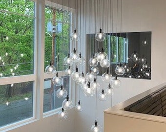 Custom Foyer Cascading Globe Chandelier Modern Staircase Chandelier - Long Pendants Custom Finishes and Sizes Round or Square Entry Lighting