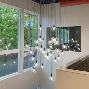 Custom Foyer Cascading Chandelier Lighting LED Long Modern Chandelier Pendant - Custom Finishes and Sizes Round or Square Entry Lighting