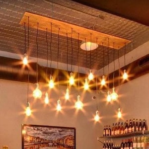 Rustic Wood Chandelier - 17 Pendant Lights Long Wood Industrial Modern Lighting - Commercial Restaurant or Bar - LED Bulbs Dining Chandelier