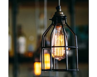 Industrial Pendant Light Hanging Edison Bulb With Cage Ceiling Lighting - Hardwired or Plug In - Industrial Lighting - Edison Bar Lighting