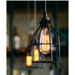 Industrial Pendant Light Hanging Edison Bulb With Cage Ceiling Lighting Hardwired or Plug In Industrial Lighting Edison Bar Lighting image 1