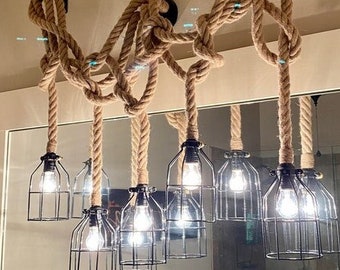 Thick Rope Pendant Chandelier - Custom Lengths - White cotton or natural brown manila rope - Industrial loft chandelier