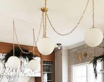 Brass Chain Swag Chandelier with White Glass Globe Shades - Modern Kitchen Pendant Chandelier - Satin White Opal Neckless Globes