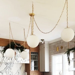 Brass Chain Swag Chandelier with White Glass Globe Shades - Modern Kitchen Pendant Chandelier - Satin White Opal Neckless Globes