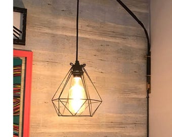 Plug in Bedside Pendant light Diamond Cage Modern Pendant Light Fixture Hanging Bedroom lamp Black Geometric design